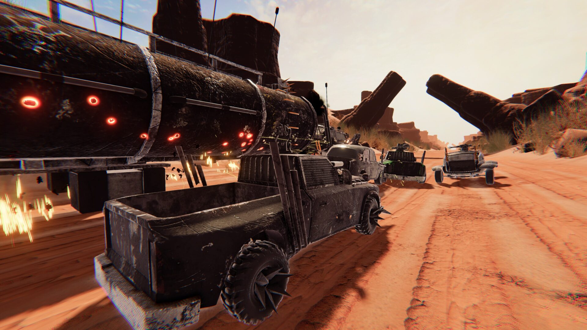 兩輛戰車在賽道上激烈追逐，其中一輛正在開火。