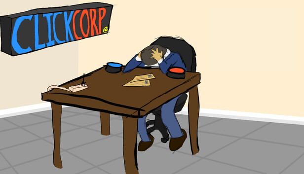 ClickCorp 遊戲宣傳圖，強調了生成股東價值與清理人員的核心玩法。