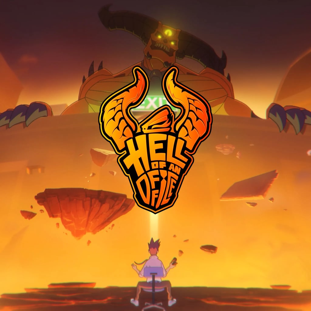 遊戲主視覺圖，展現主角在混亂的辦公室環境中飛躍