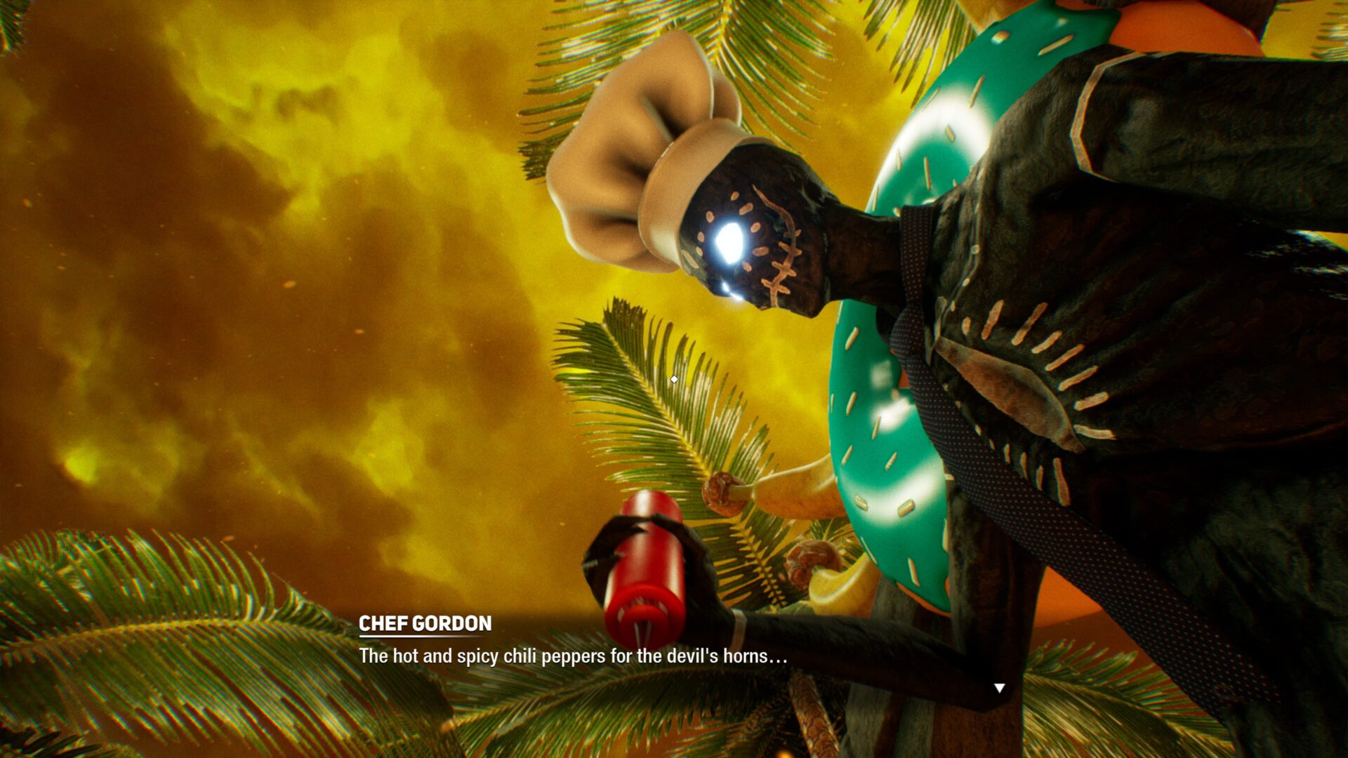 遊戲中的一個戶外場景，遠處有岩漿瀑布