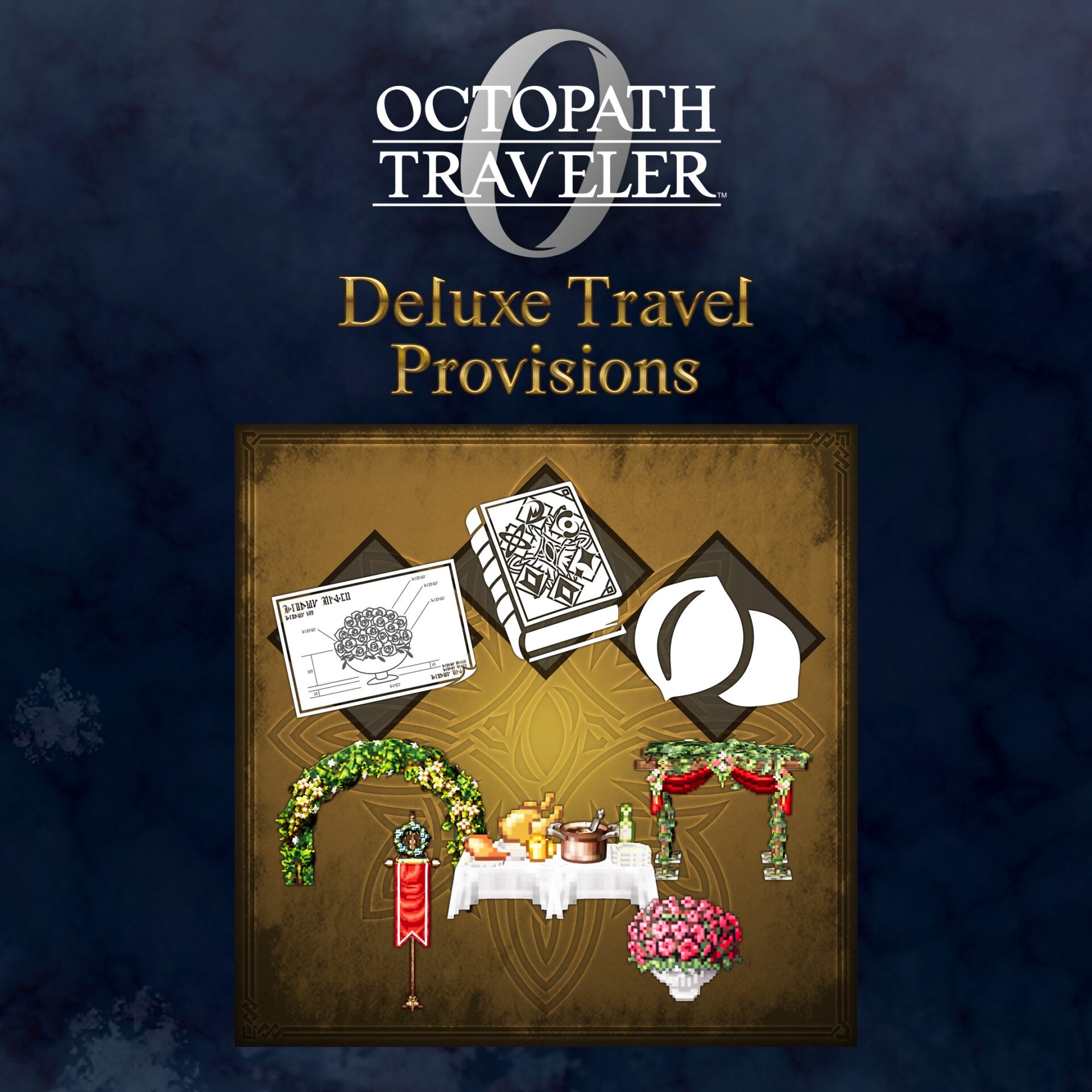 數位豪華版特典「踏上旅途祝福包」的示意圖，包含各類增強道具與技能。