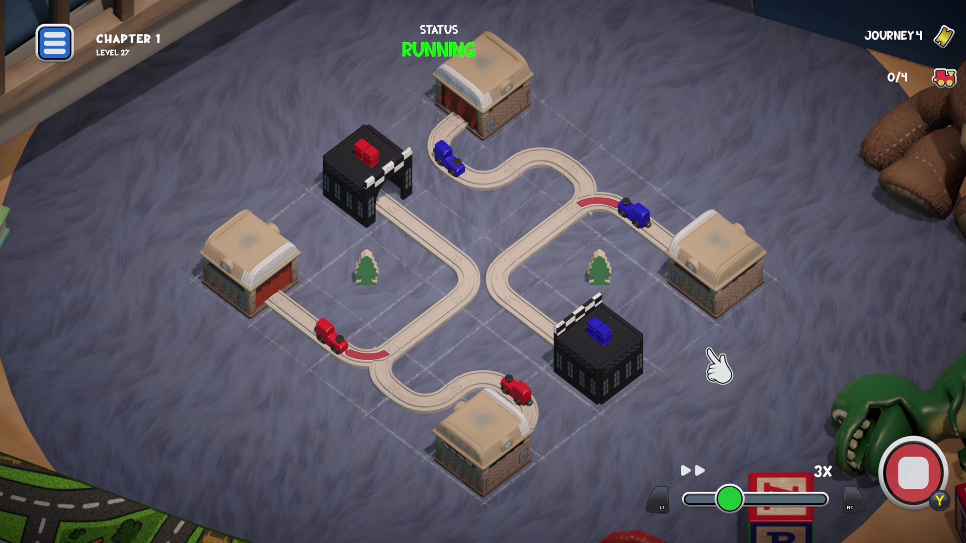 遊戲關卡畫面，顯示複雜的軌道設計與可愛的場景