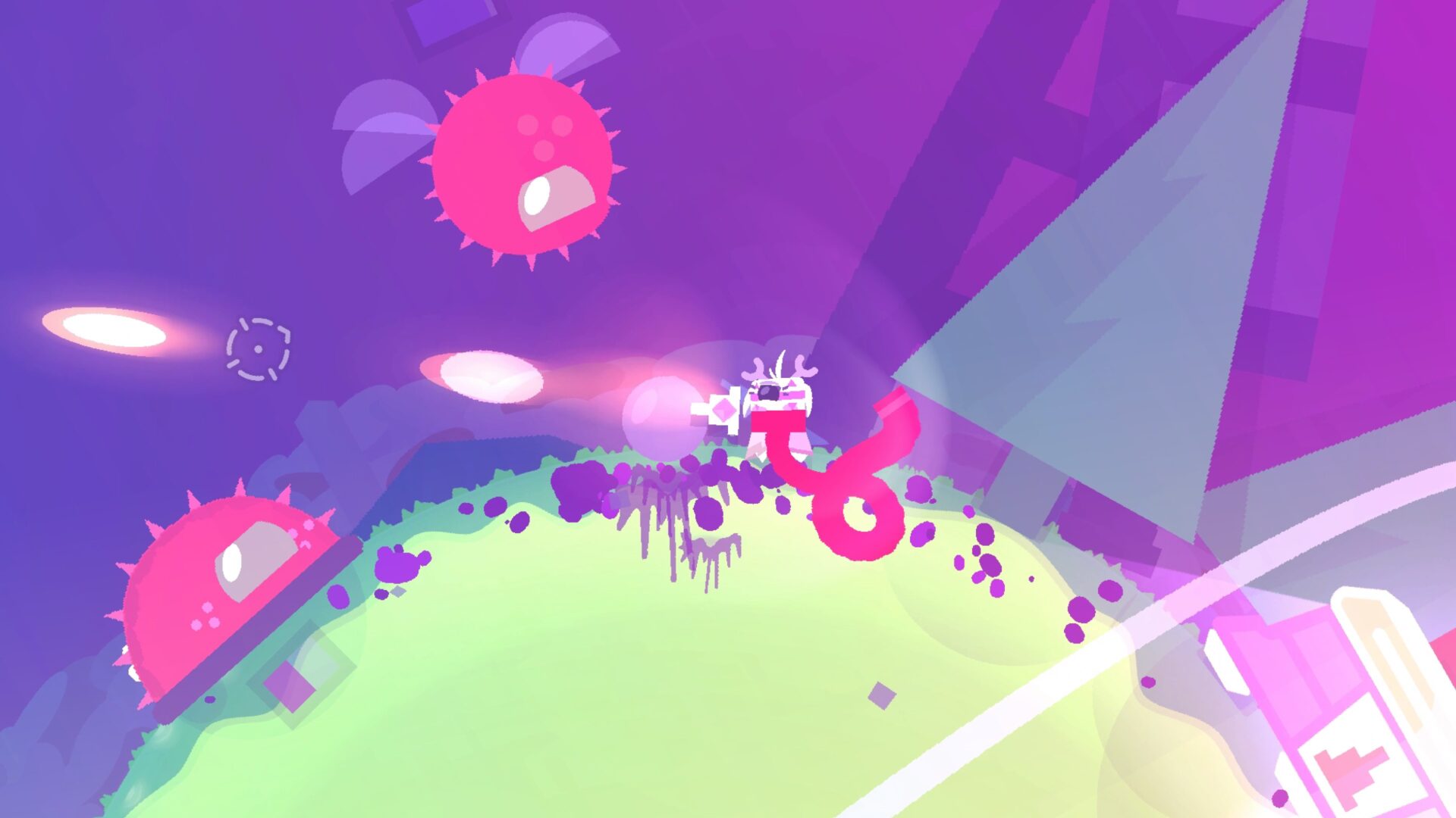 遊戲截圖展示了玩家在星球之間跳躍並射擊敵人的畫面,色彩豐富且充滿動感。