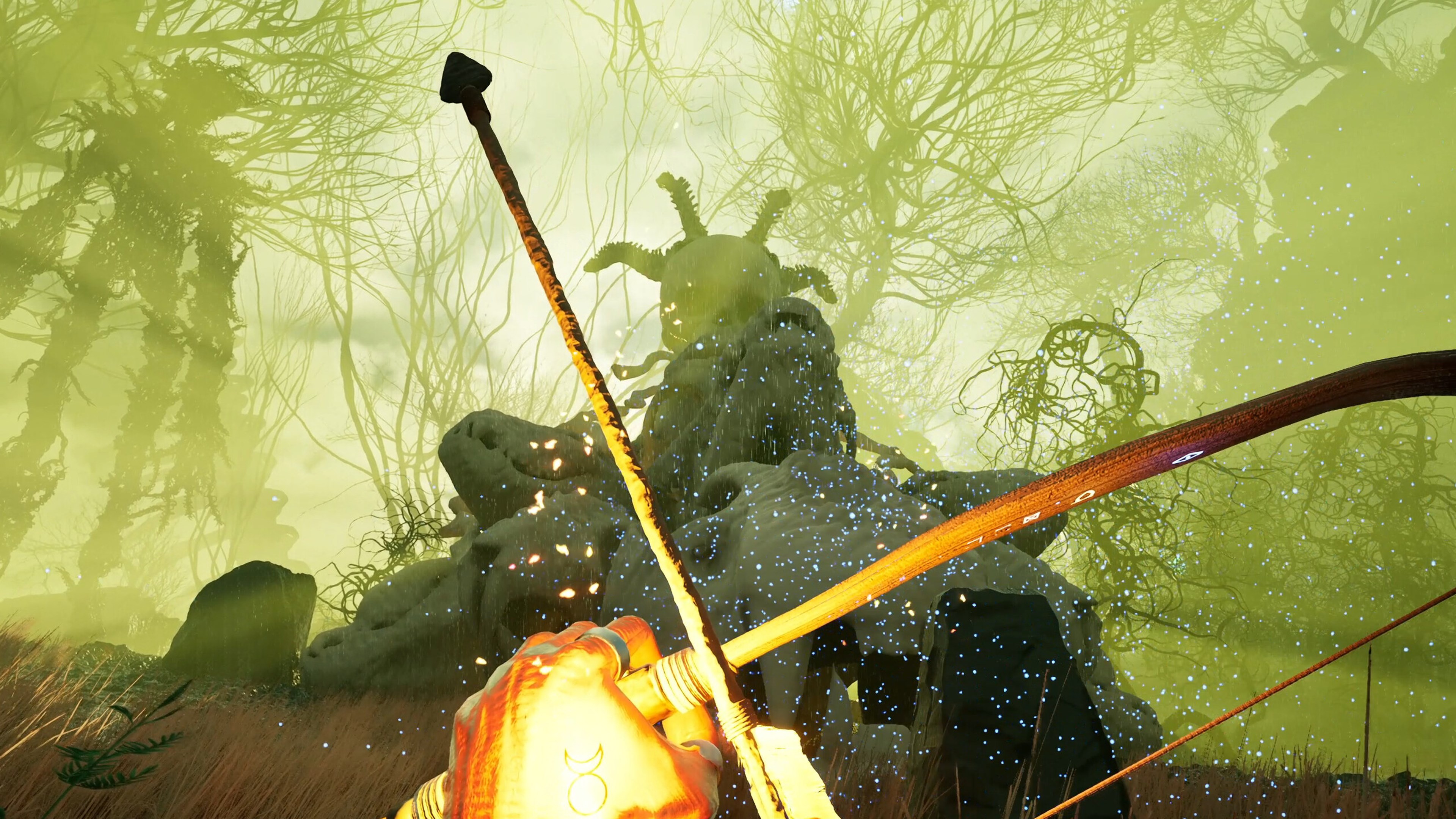 玩家手持弓箭面對巨大的傳說怪物