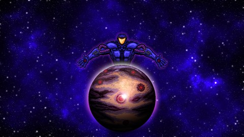 RoboHero 遊戲主視覺,一台機器人站在充滿科技感的環境中