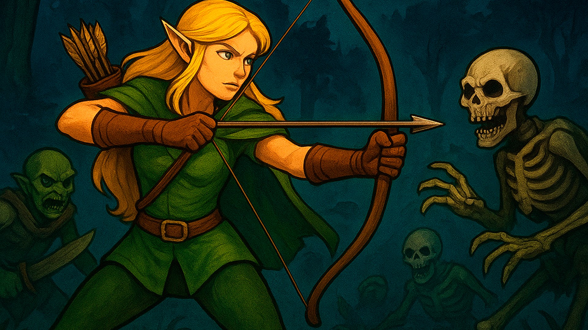 Night Ranger 遊戲主視覺圖，展示精靈射手 Elara 的英姿