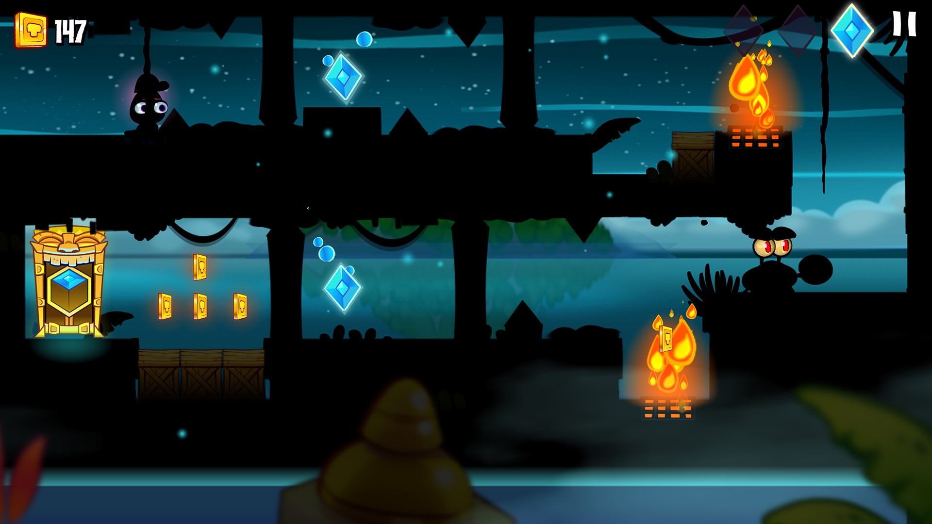 章魚主角在陰暗的洞窟中探索。