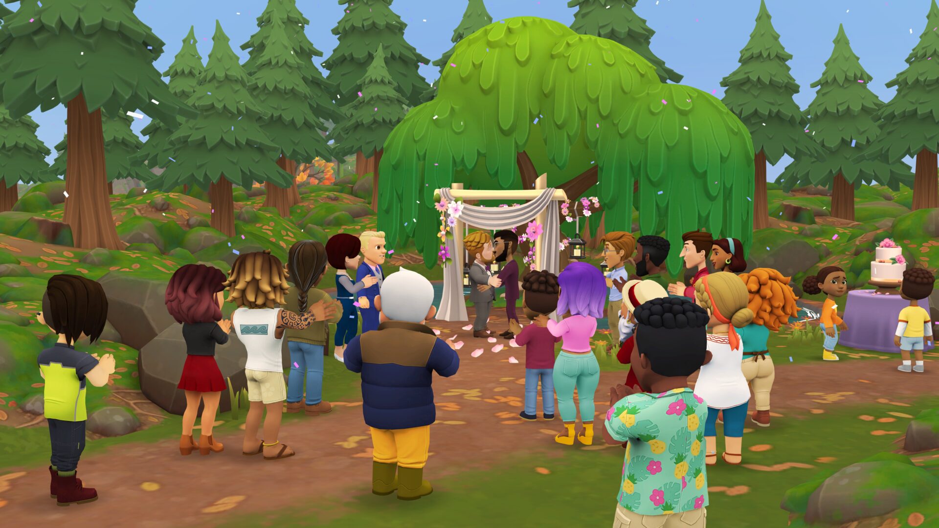 遊戲中的婚禮場景，展現多元包容的愛與歡樂氣氛
