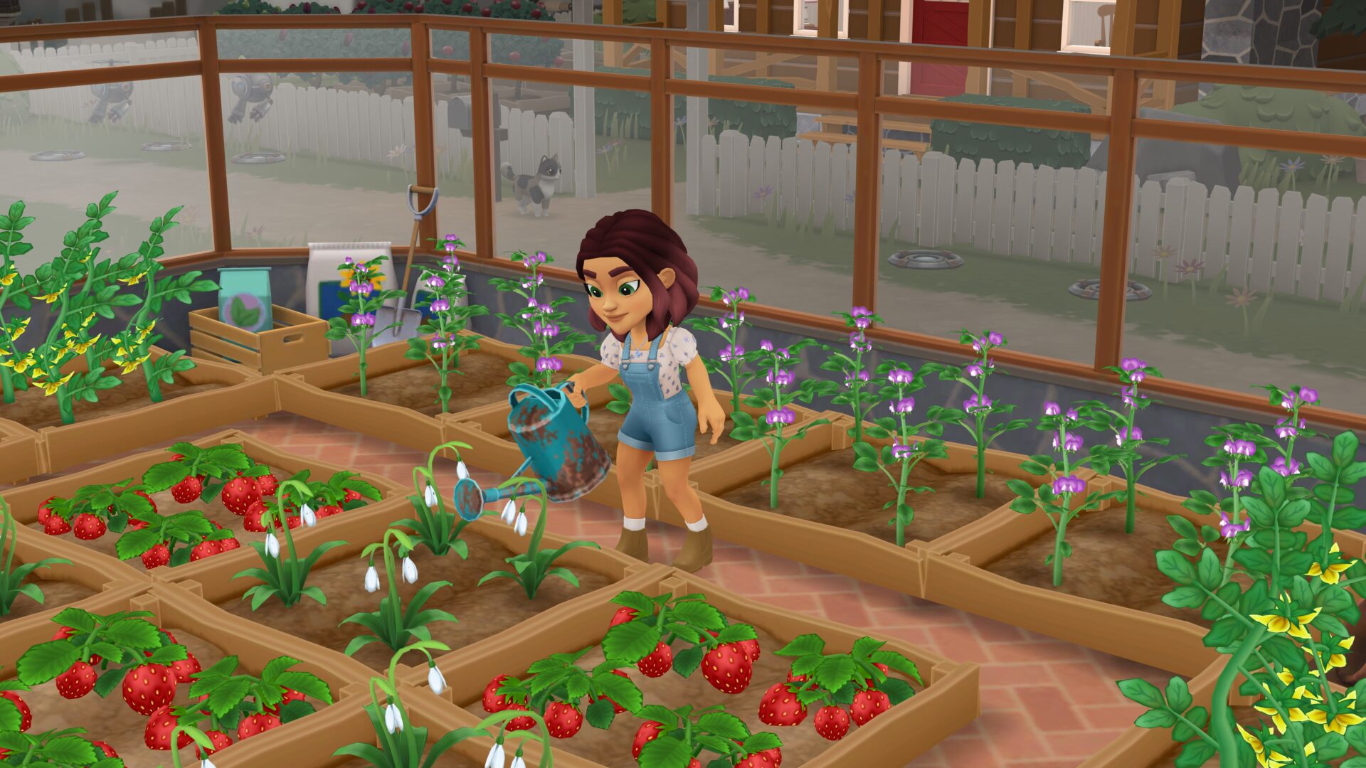 塔拉在充滿鮮花與作物的溫室中辛勤工作