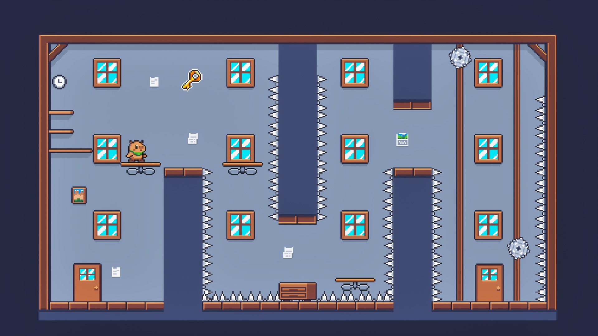 遊戲中的一個關卡，展示了箱子和尖刺的組合謎題