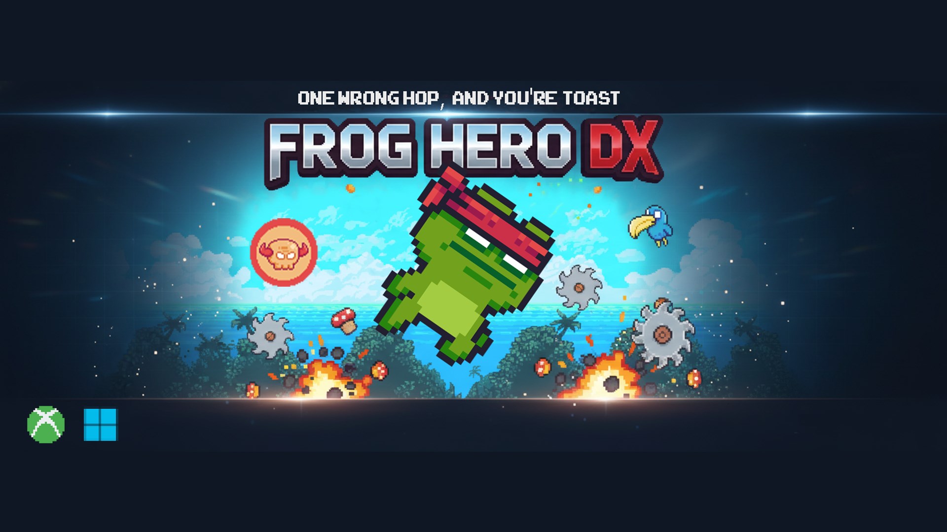 Frog Hero DX 遊戲主視覺圖,展示了色彩鮮豔的像素風格世界與主角青蛙。