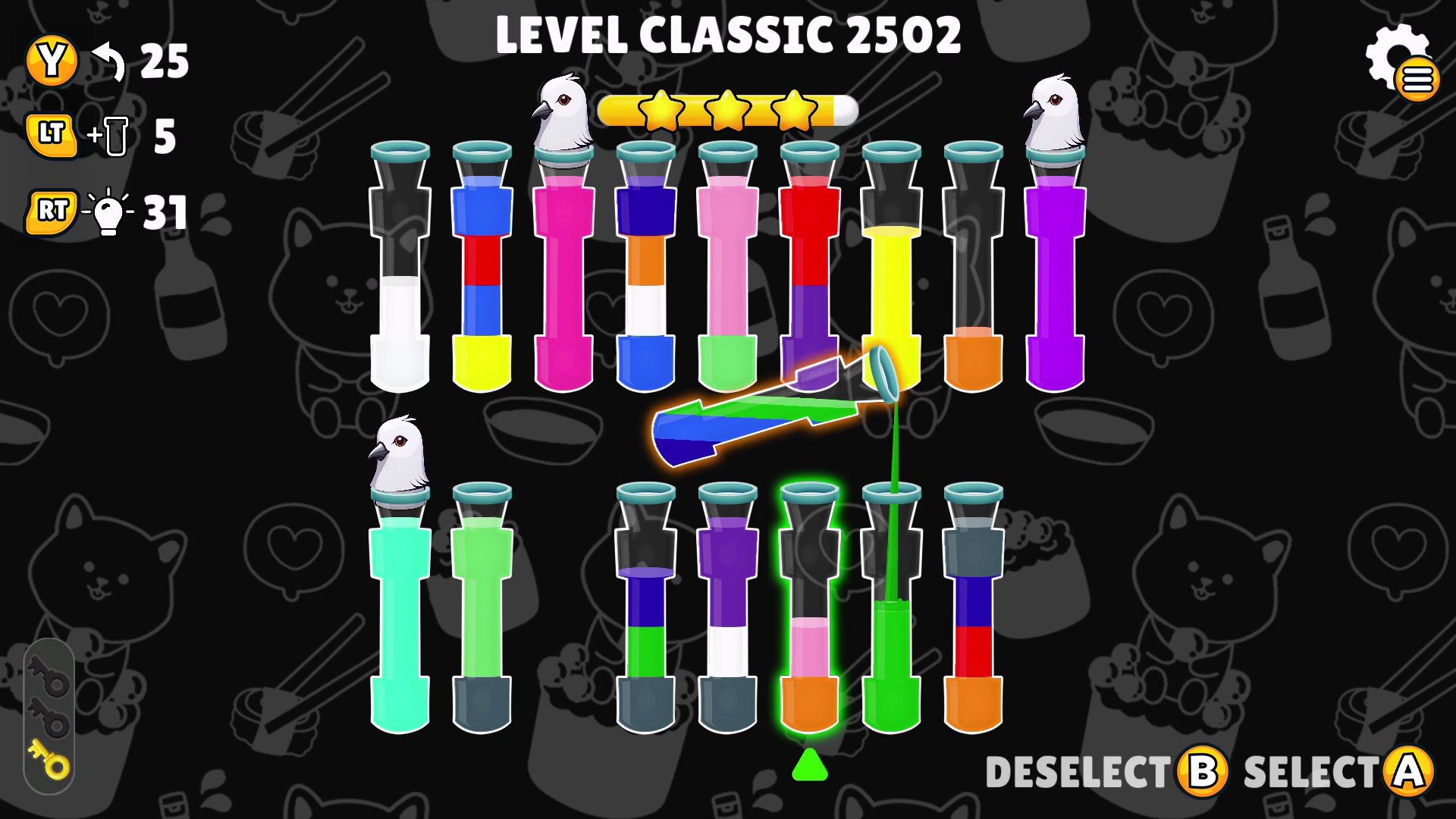 Color Water Sort 多樣化的背景與試管樣式