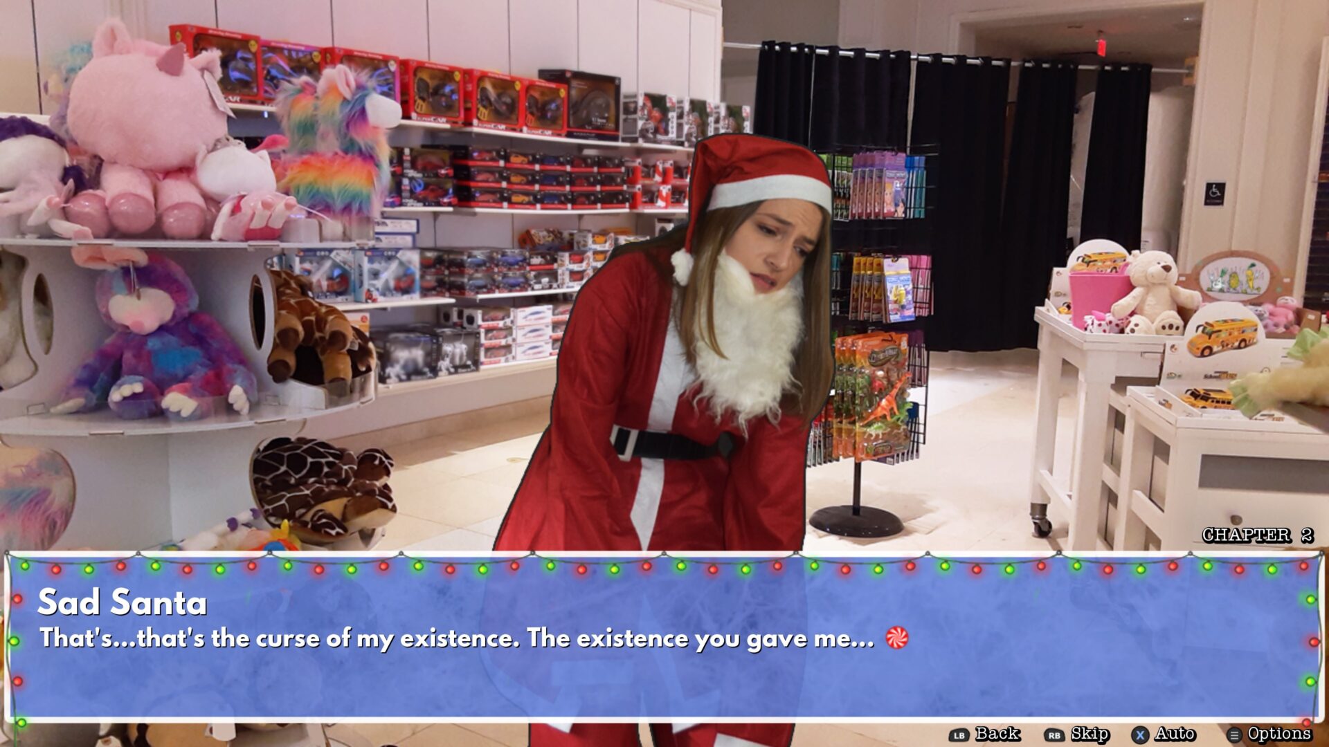 遊戲中出現的不同風格聖誕老人，展現了真人實拍的獨特視覺效果。