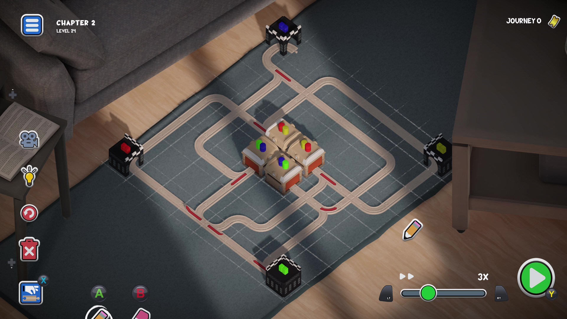 展示不同顏色的火車同時運行的關卡截圖