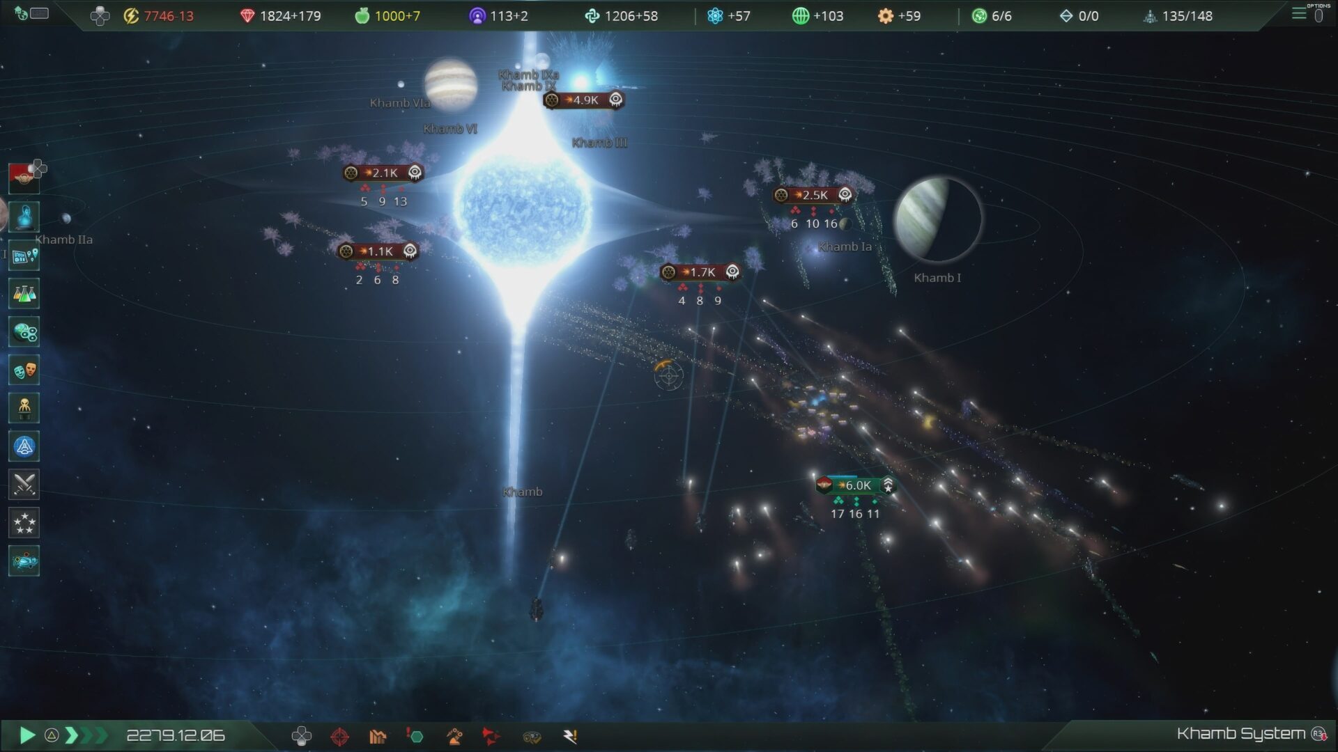Stellaris 遊戲中的太空艦隊戰鬥畫面