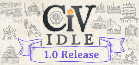 《文明閒置》（CivIdle）遊戲主視覺圖，展現了從古代到現代的文明演進與建築風格。