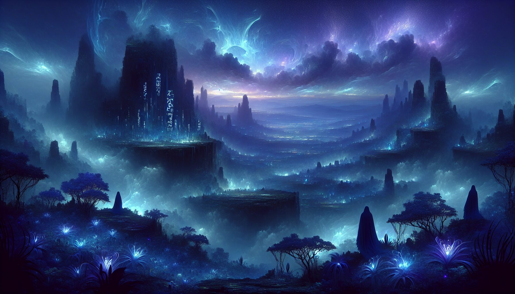 奇幻世界與靛色色調氛圍插畫
