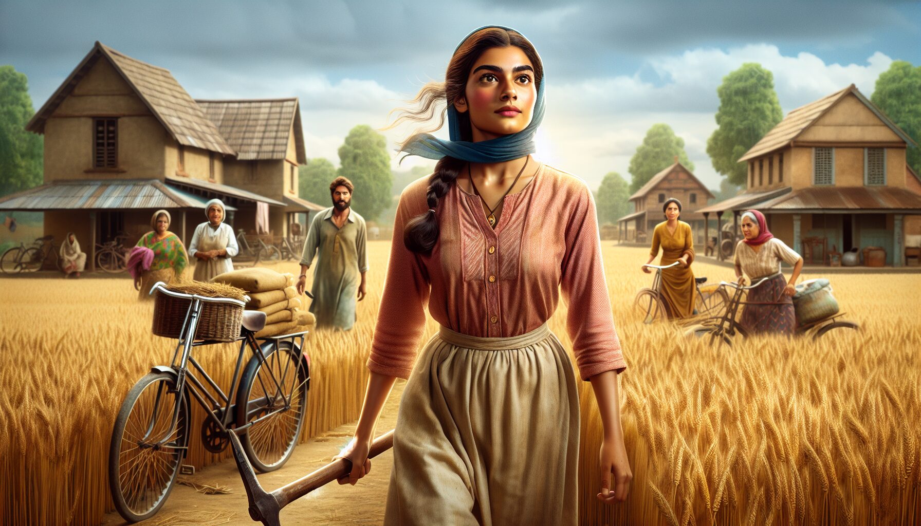 林雪在七零時代領導鄉親勤奮勞作的場景插畫