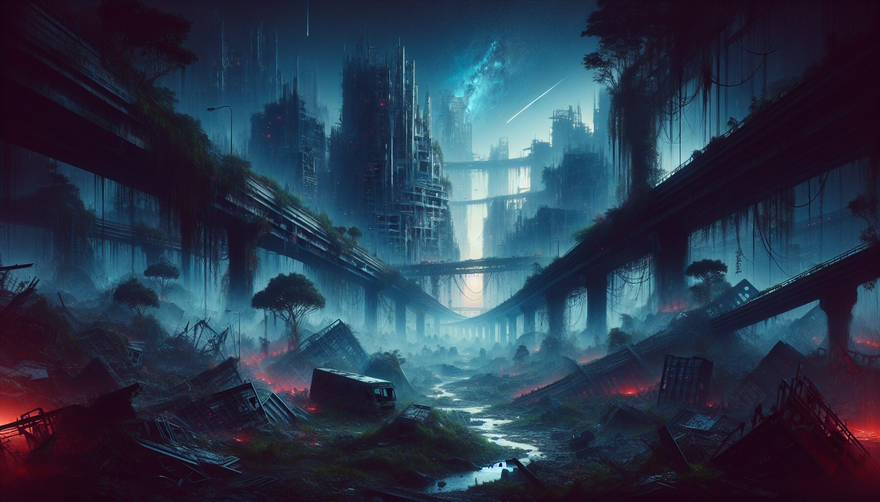 角色手持大型武器於廢墟對戰，牙裝華麗釋放技能特效