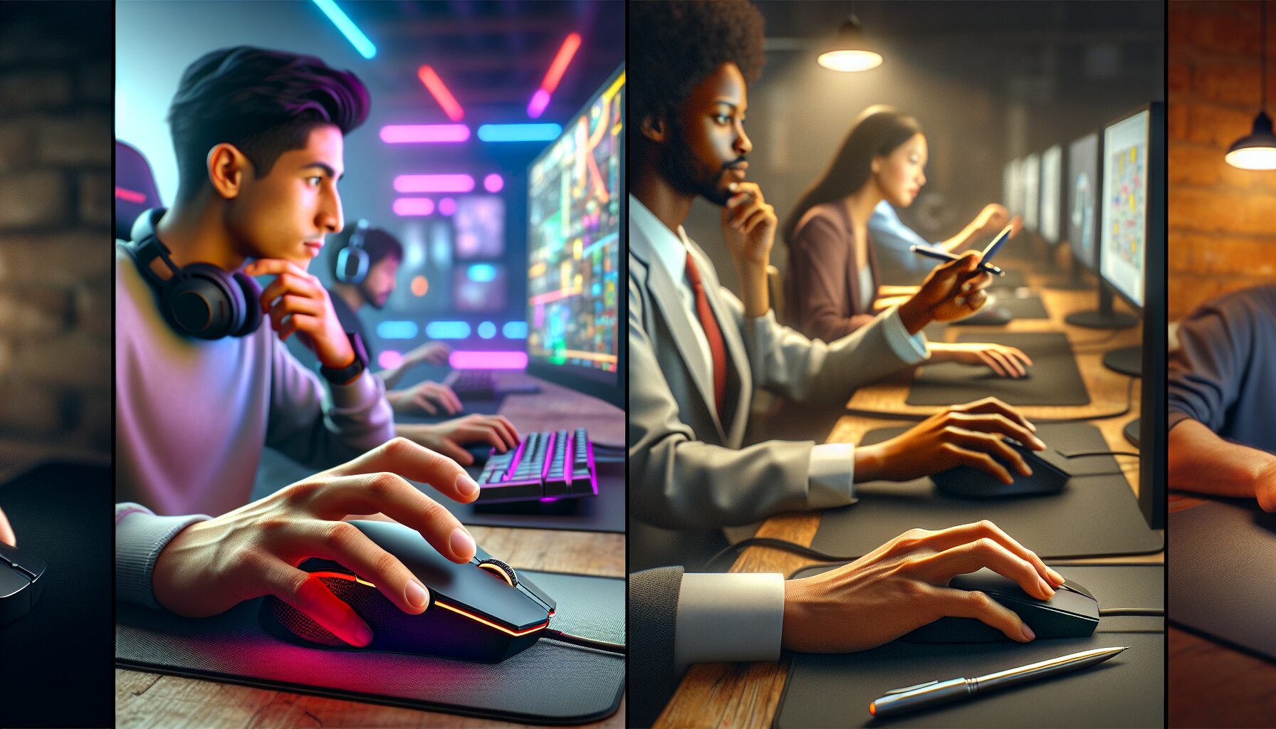 辦公室與家庭日常中,各類型使用者專注操作滑鼠,反映專業、休閒等多用途需求。