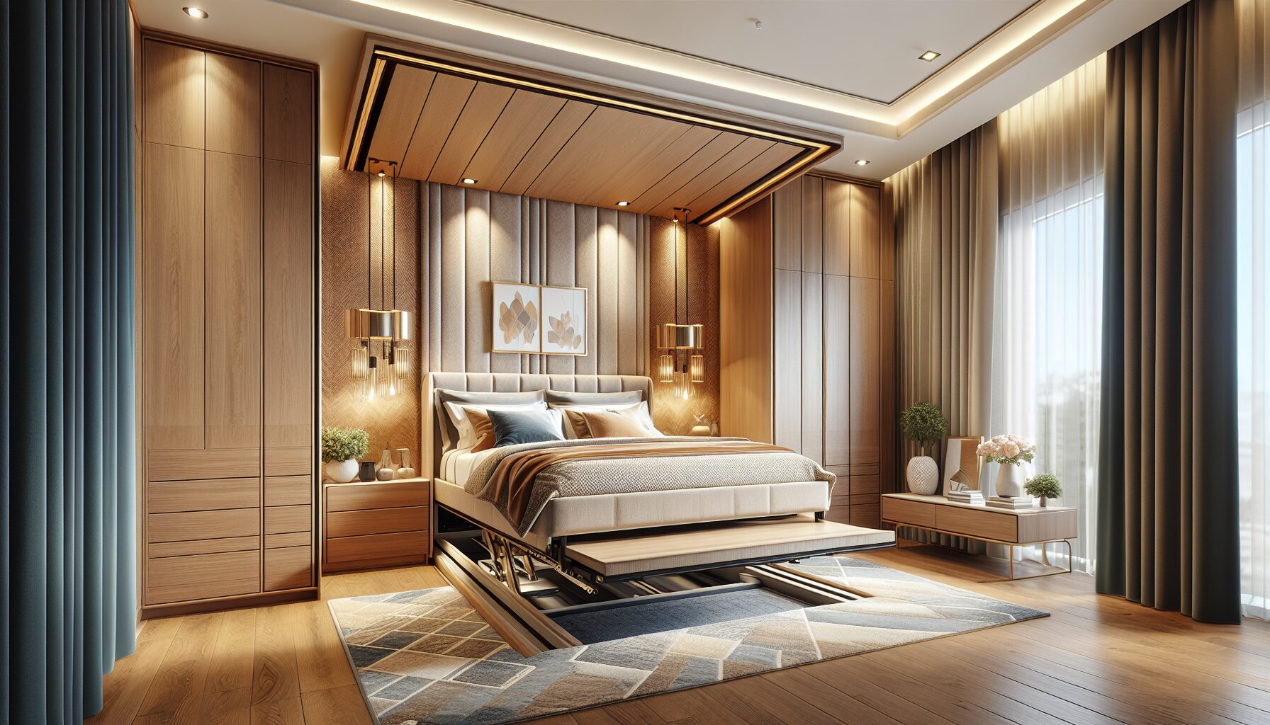 現代掀床結合床頭櫃與收納抽屜的完整臥室系統