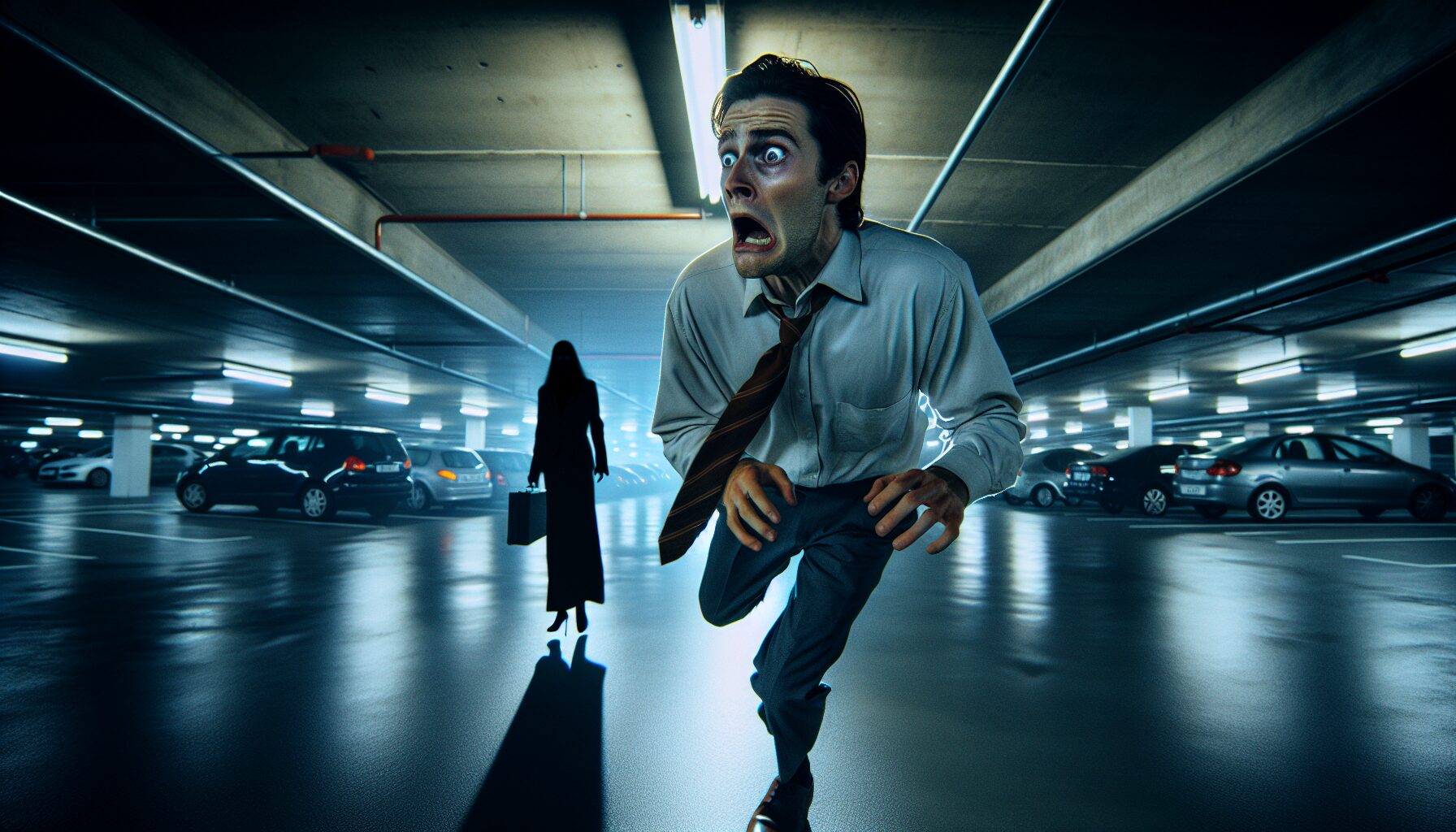 都市夜路上的裂口女鬼影插畫,燈光幽暗,襯托恐懼氛圍