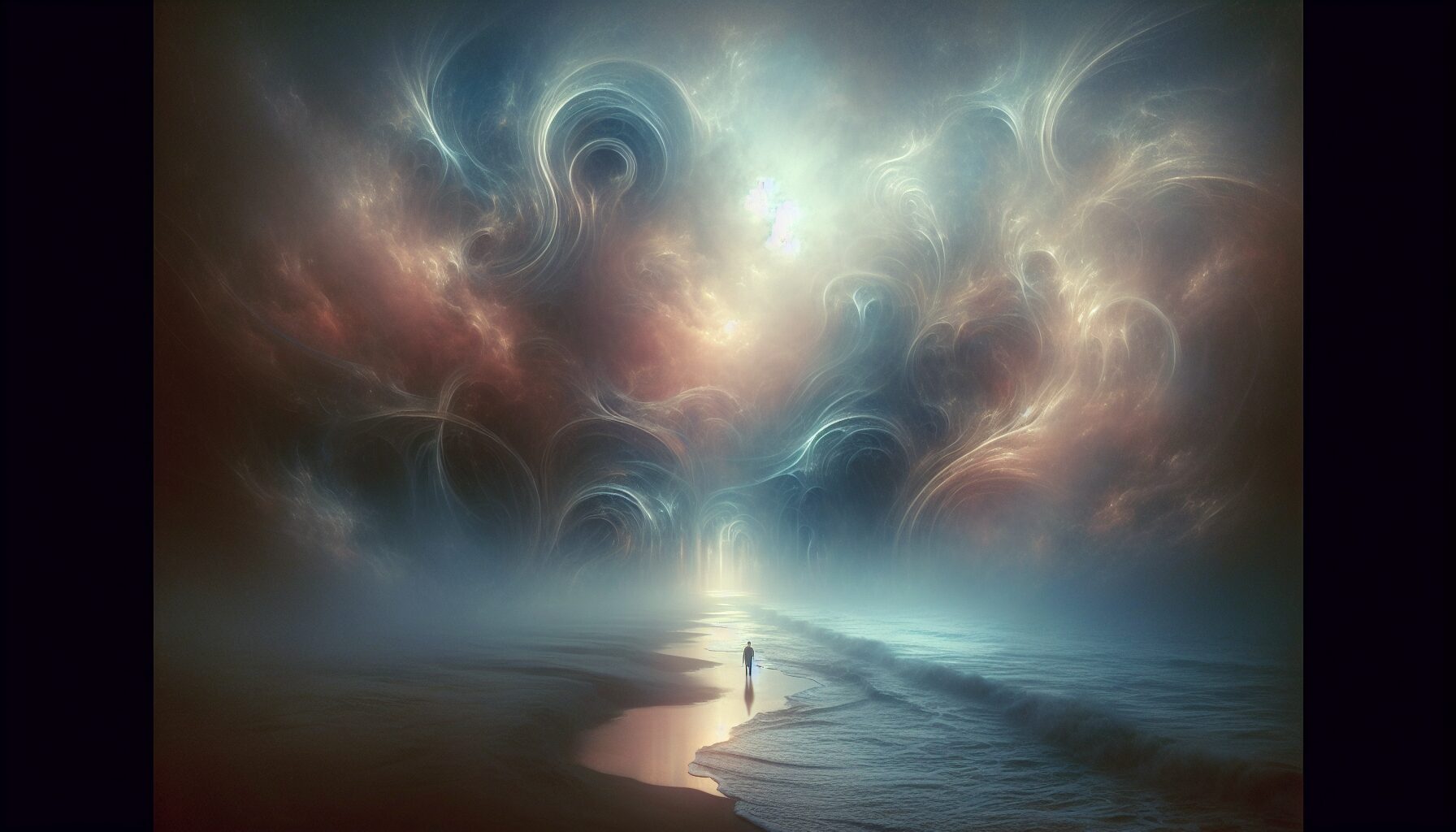 山姆站於冥灘之上,遠望未知前方,畫面充滿孤獨與哲思氛圍