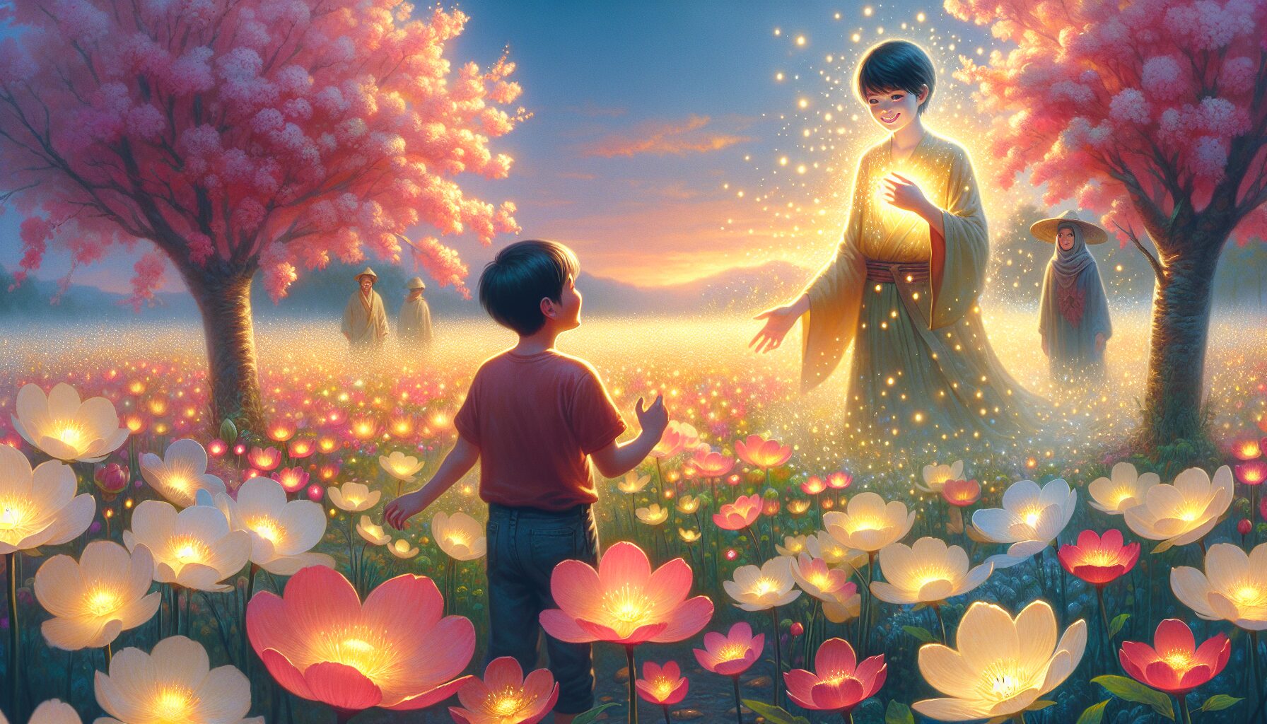 芙莉蓮在草原上施展花田魔法,與年幼欣梅爾相會