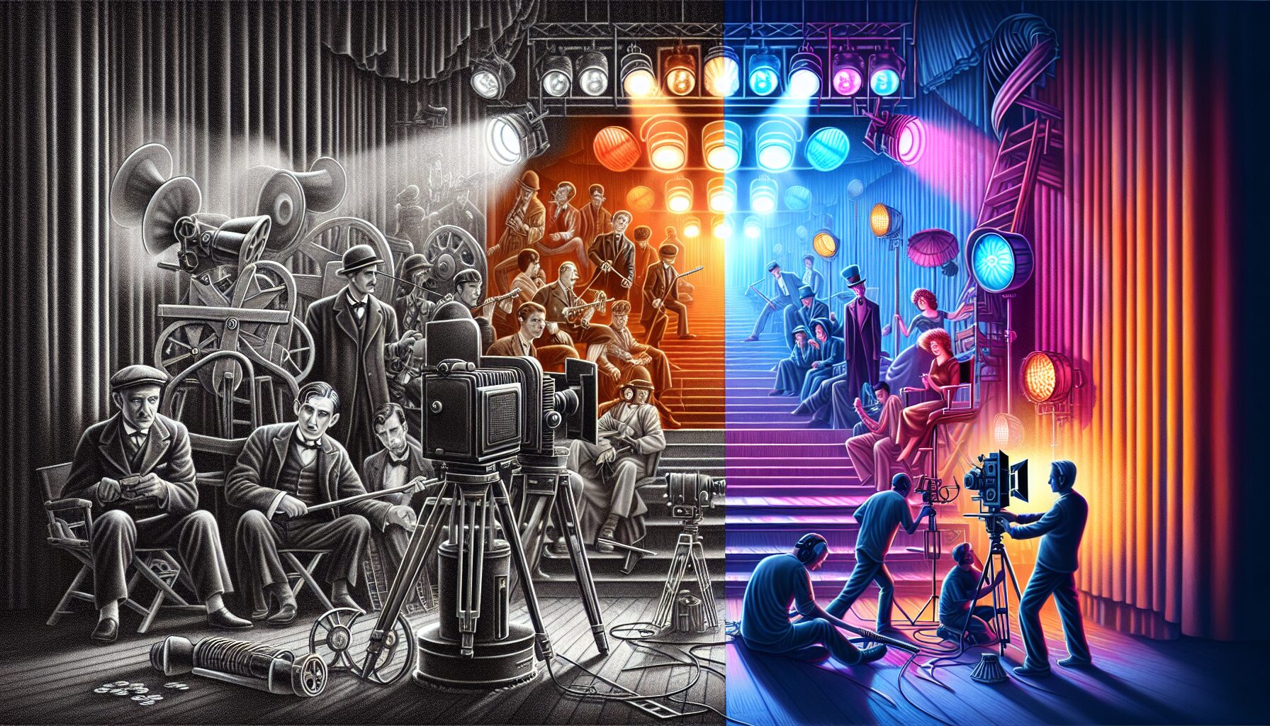 老式電影攝影機與劇組人員