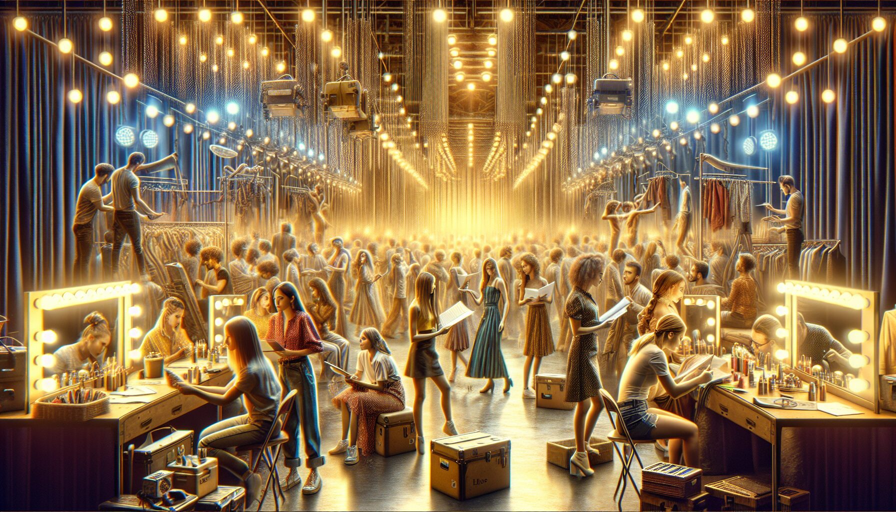 角色在藝能企劃或綜藝節目現場的劇照氛圍,描繪職場競爭