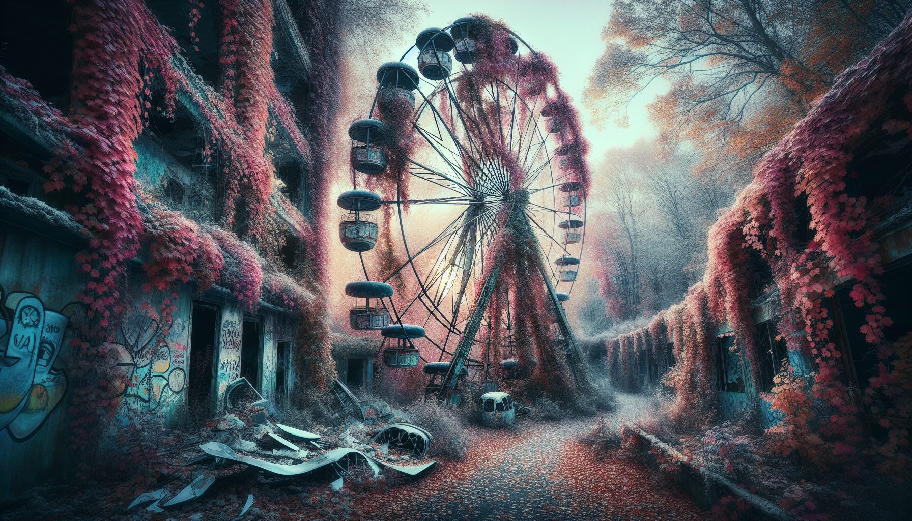 荒廢遊樂設施蔓延著植物、氣氛神祕的廢墟