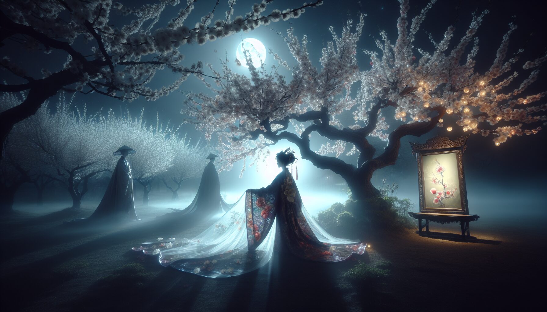 現代繪本風格詮釋的《牡丹亭》場景，古典與現代意境交融