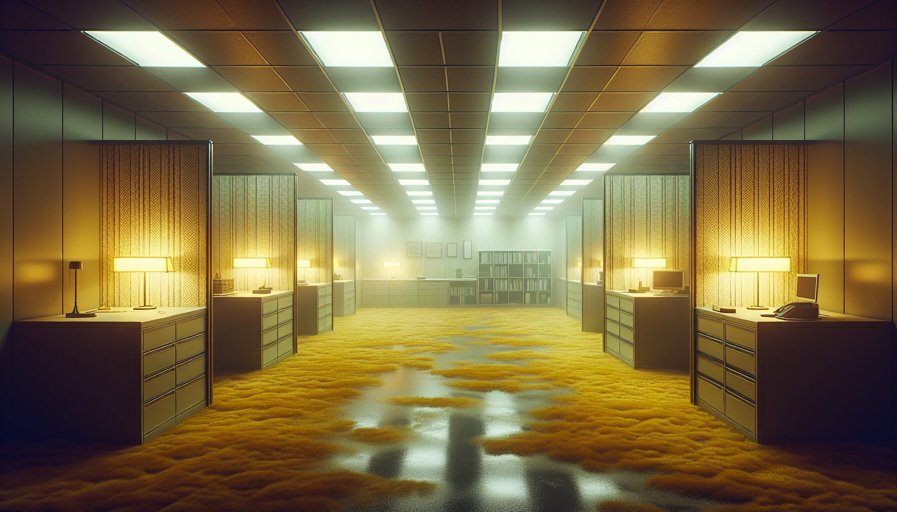 後室Level 0典型景象，空蕩辦公室與潮濕地毯