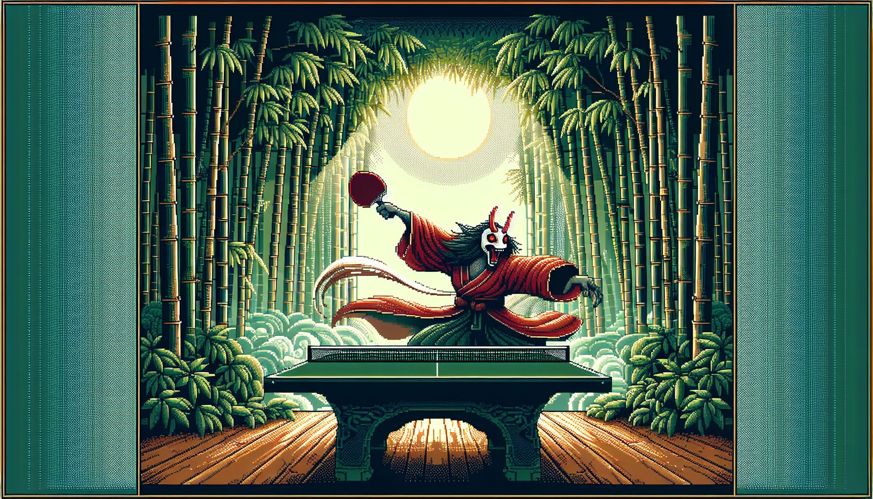 桌球賽事對決天狗，典型的日式竹林場景