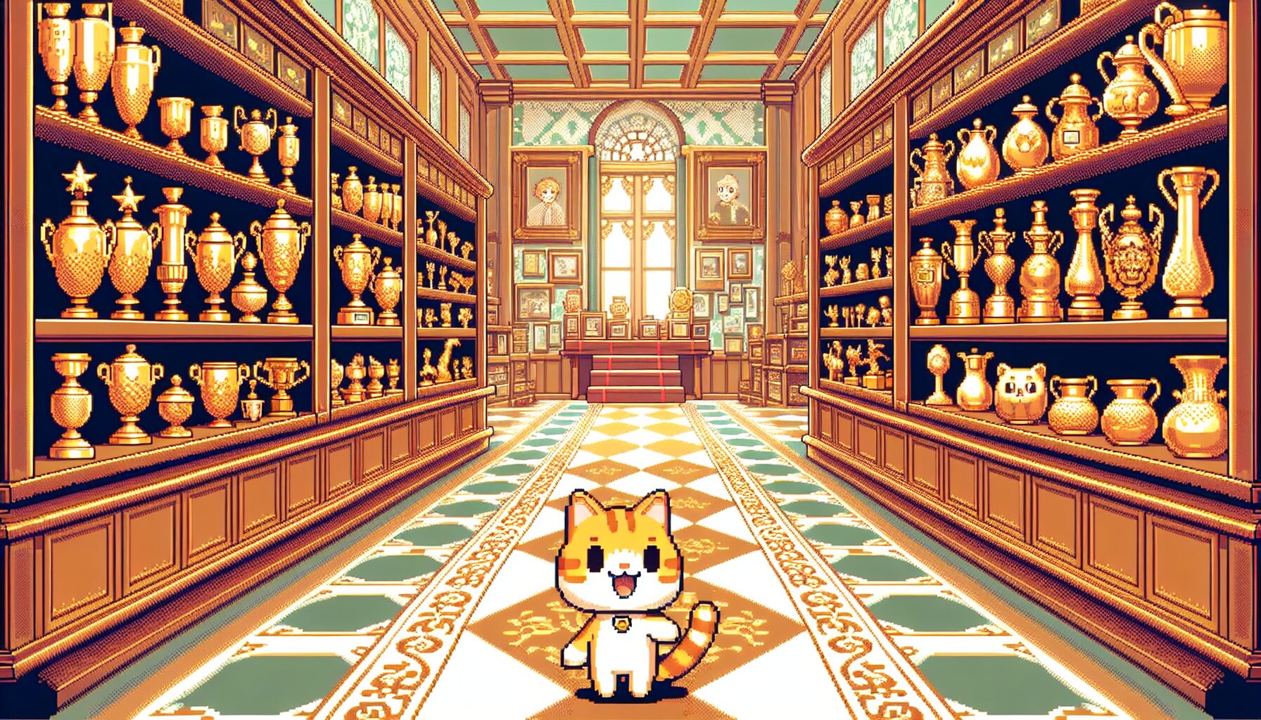 獎盃室展示各類成就，彩蛋貓咪Momo登場