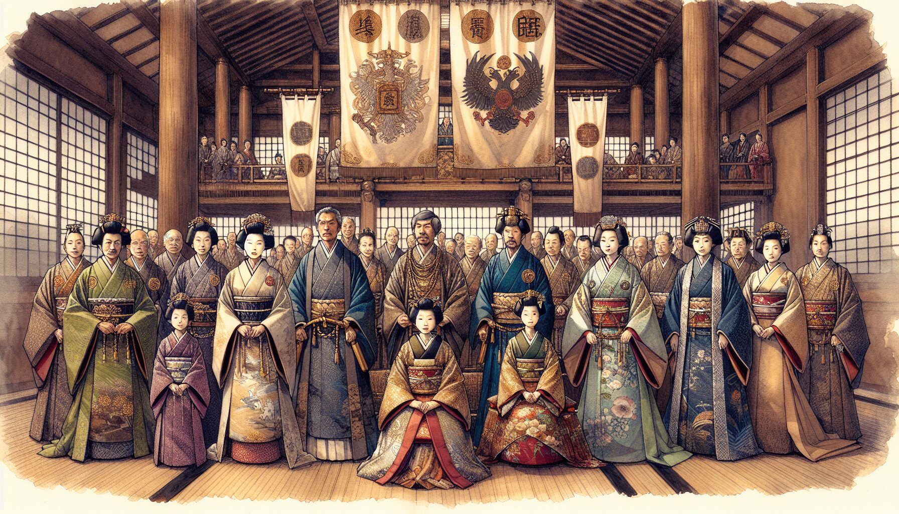 日本平安時代人物與族徽圖騰，象徵古代氏與姓的淵源。