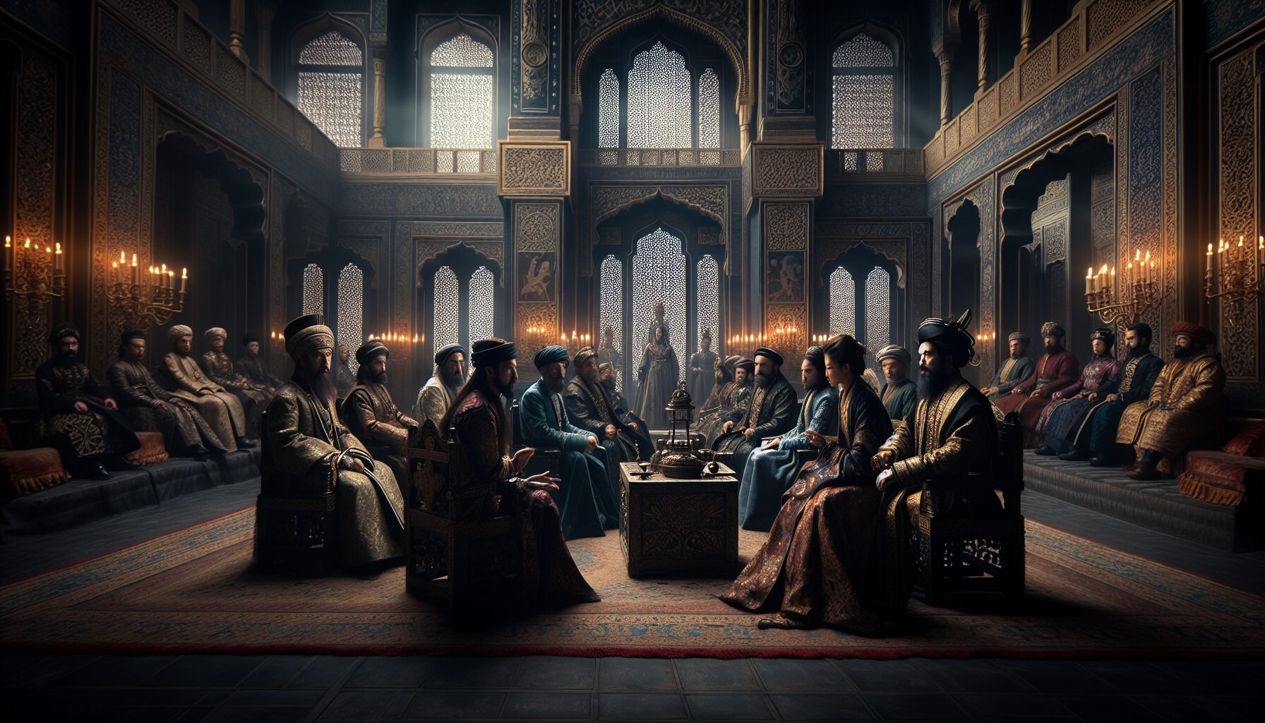 慶國宮廷的群像插畫,彰顯各大勢力間錯綜複雜的博弈關係