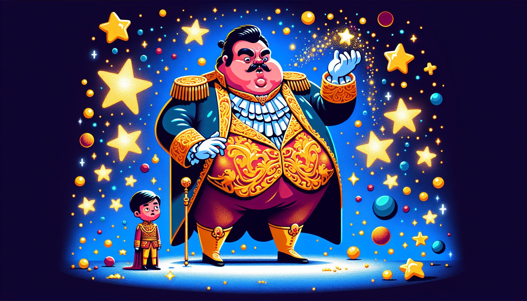 大頭奇裝異服的大王與超小隻王子的幽默對比。