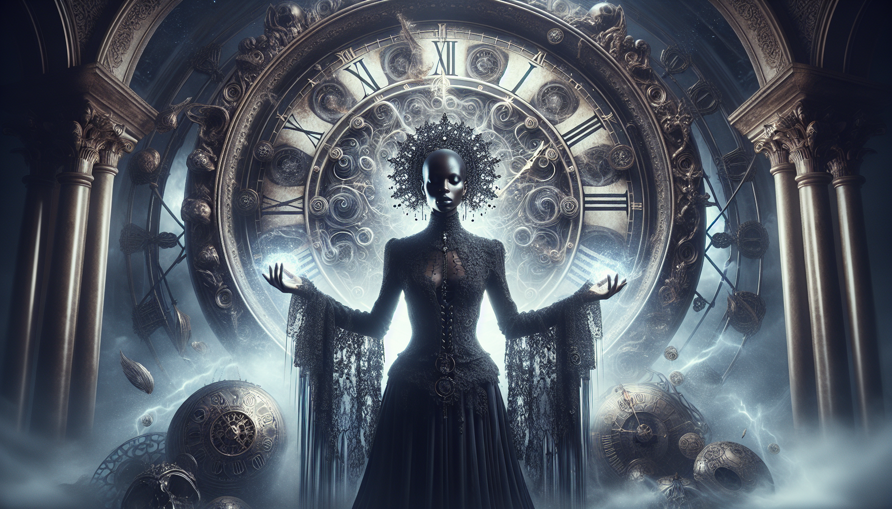 時崎狂三發動刻刻帝能力,背景浮現巨大時鐘盤,黑紅相間的精靈裝束與神秘氛圍