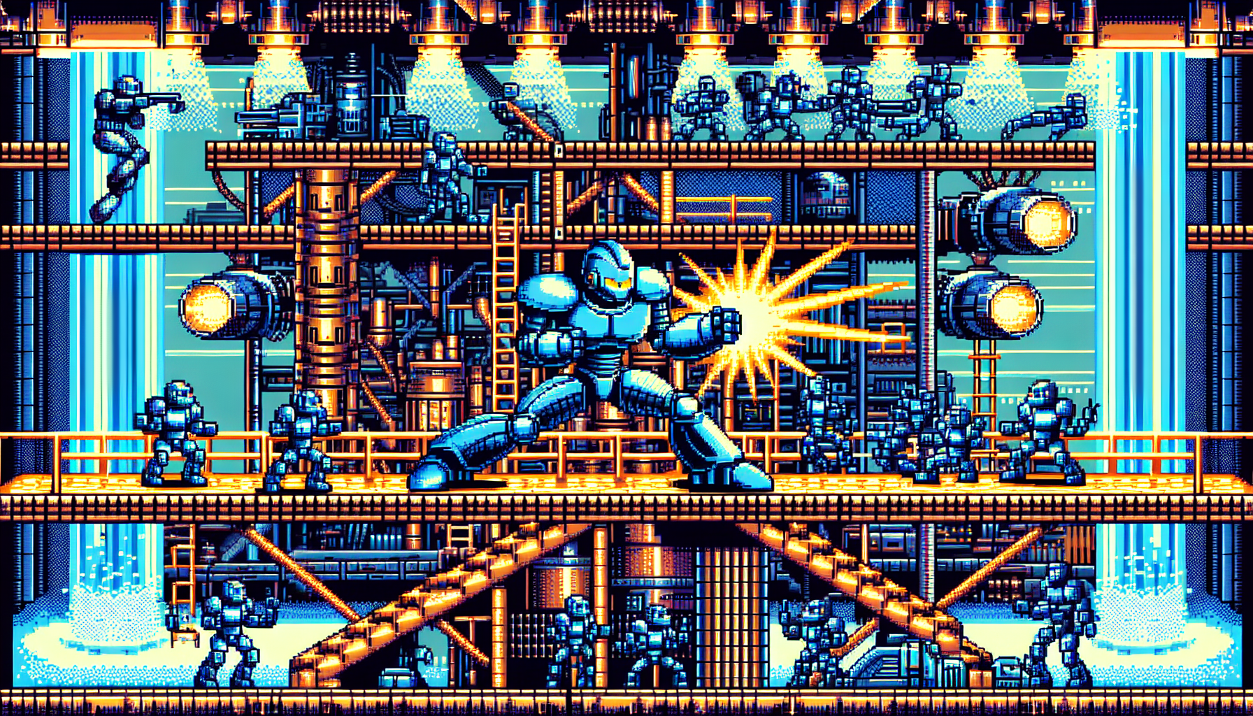 洛克人經典遊戲畫面,玩家對戰頭目場景