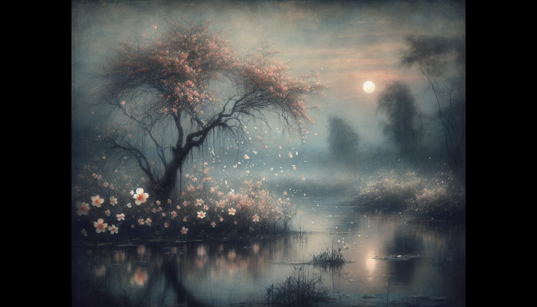 源氏物語物哀主題插畫，幻化櫻花與月夜意象