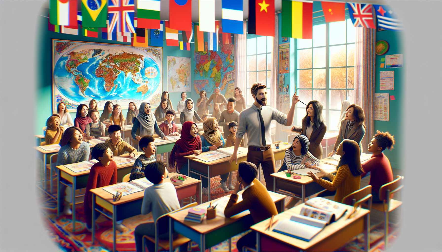 靜修中學學生在教室內與外籍老師互動,體驗國際化課程