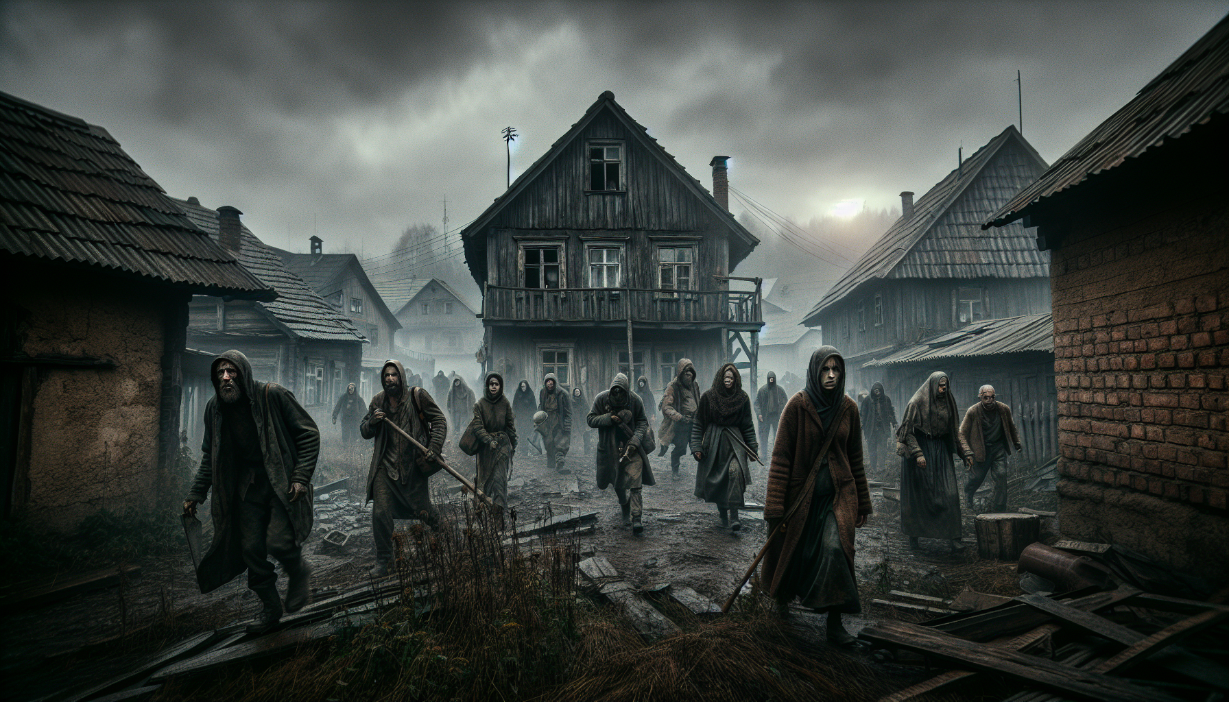 里昂於村莊激戰，被寄生村民重重包圍的遊戲畫面