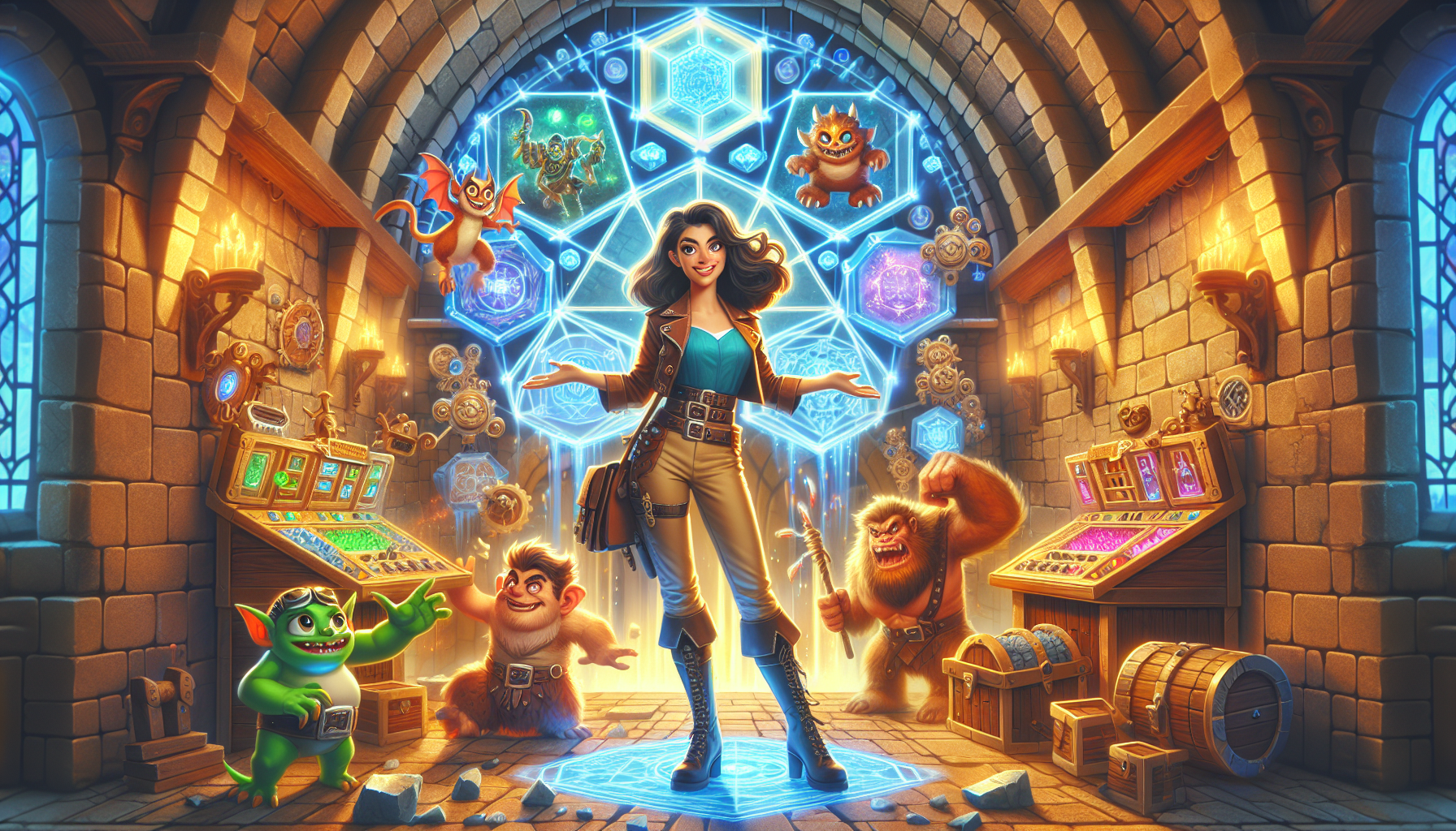 幽默輕鬆的地下城經營流小說主題圖，主角與玩家互動情境