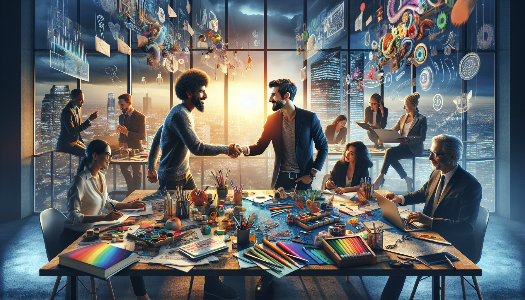 遊戲開發團隊與敘事顧問共同腦力激盪、互動交流的場面。