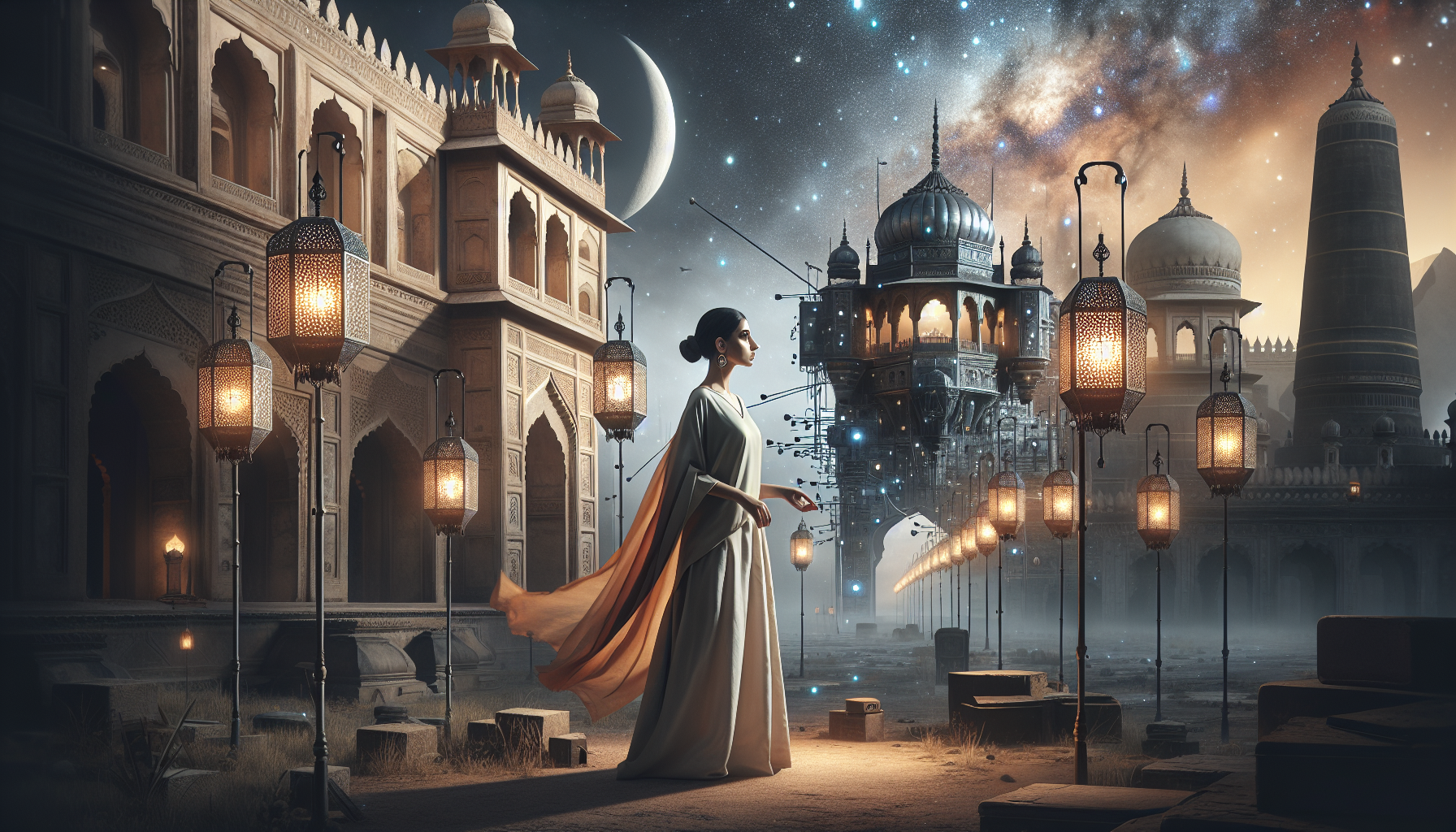 小說主人公隔著不同時空相視，象徵時空穿越與命運交錯