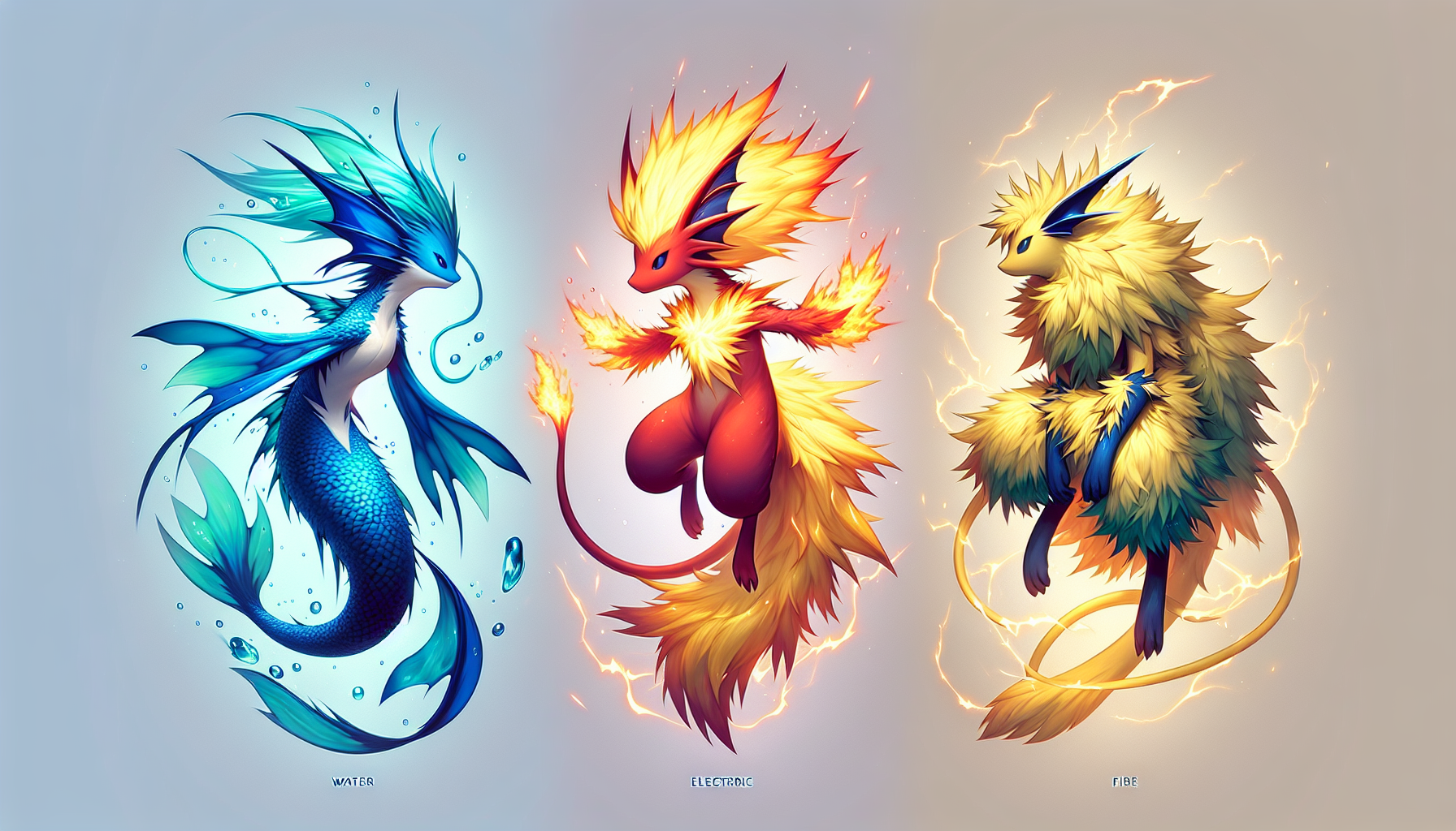 伊布三初代進化(水伊布、雷伊布、火伊布)並列造型