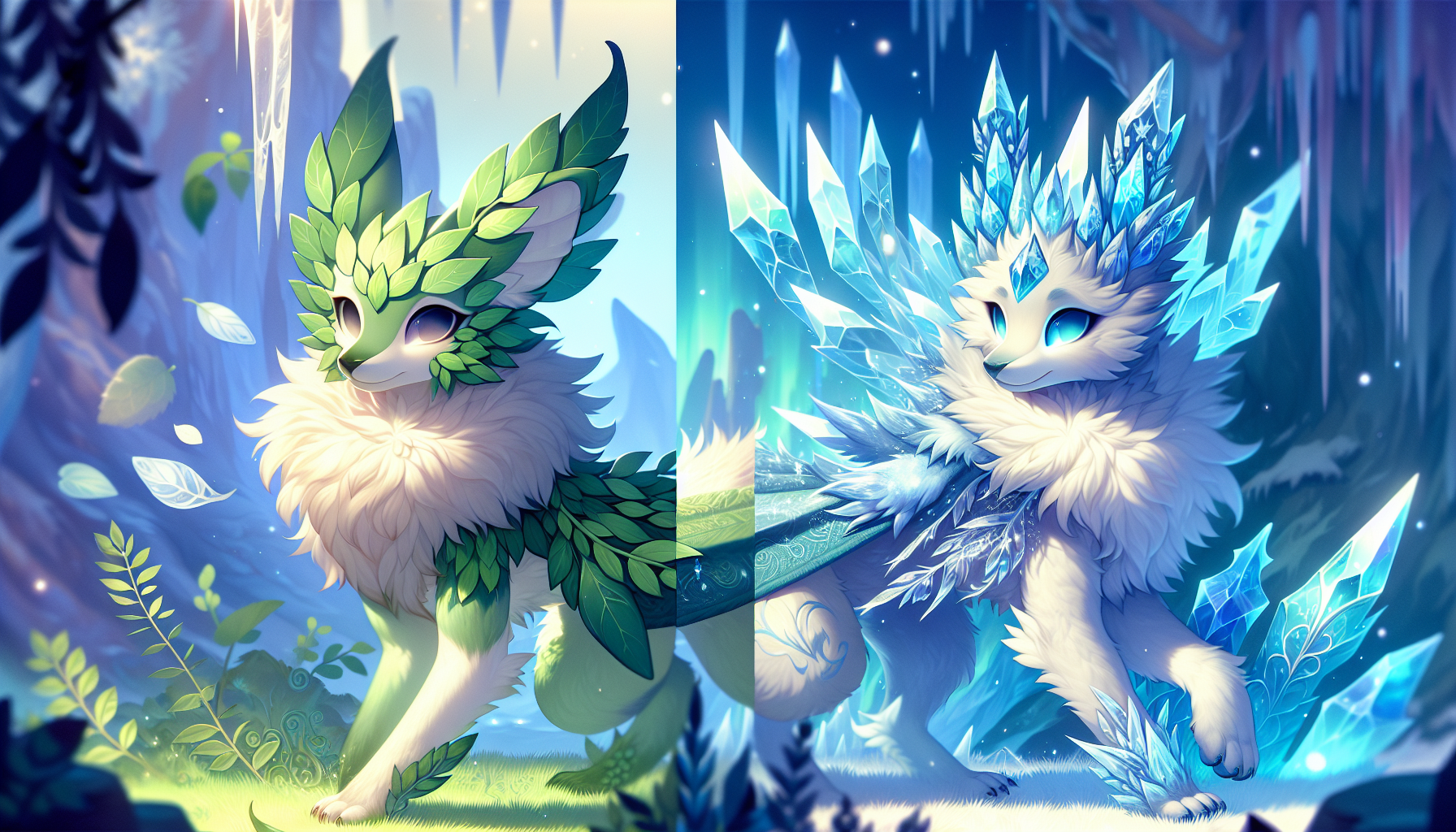 葉伊布與冰伊布在樹林與雪地環境對望