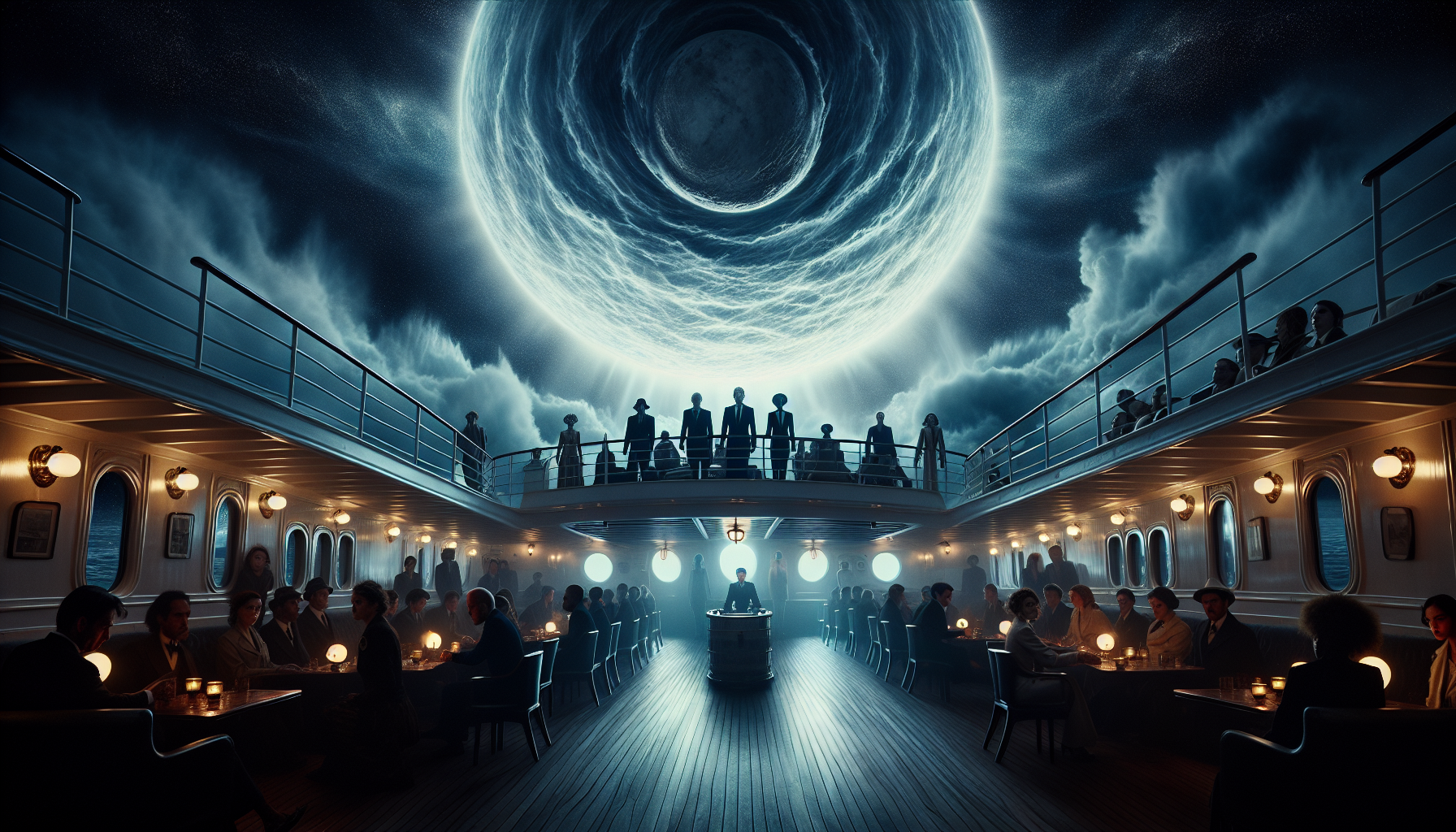 懸疑推理小說插圖：夜色中的客船與翻湧海浪，氣氛神秘