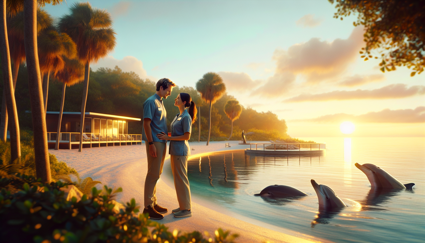現代治癒系愛情小說插圖，主角與海豚互動溫馨瞬間